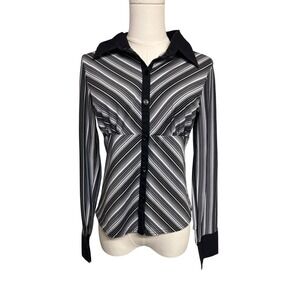 Vintage ANXIETY Womens Black White Striped Button Down Shirt Blouse Top L Y2K